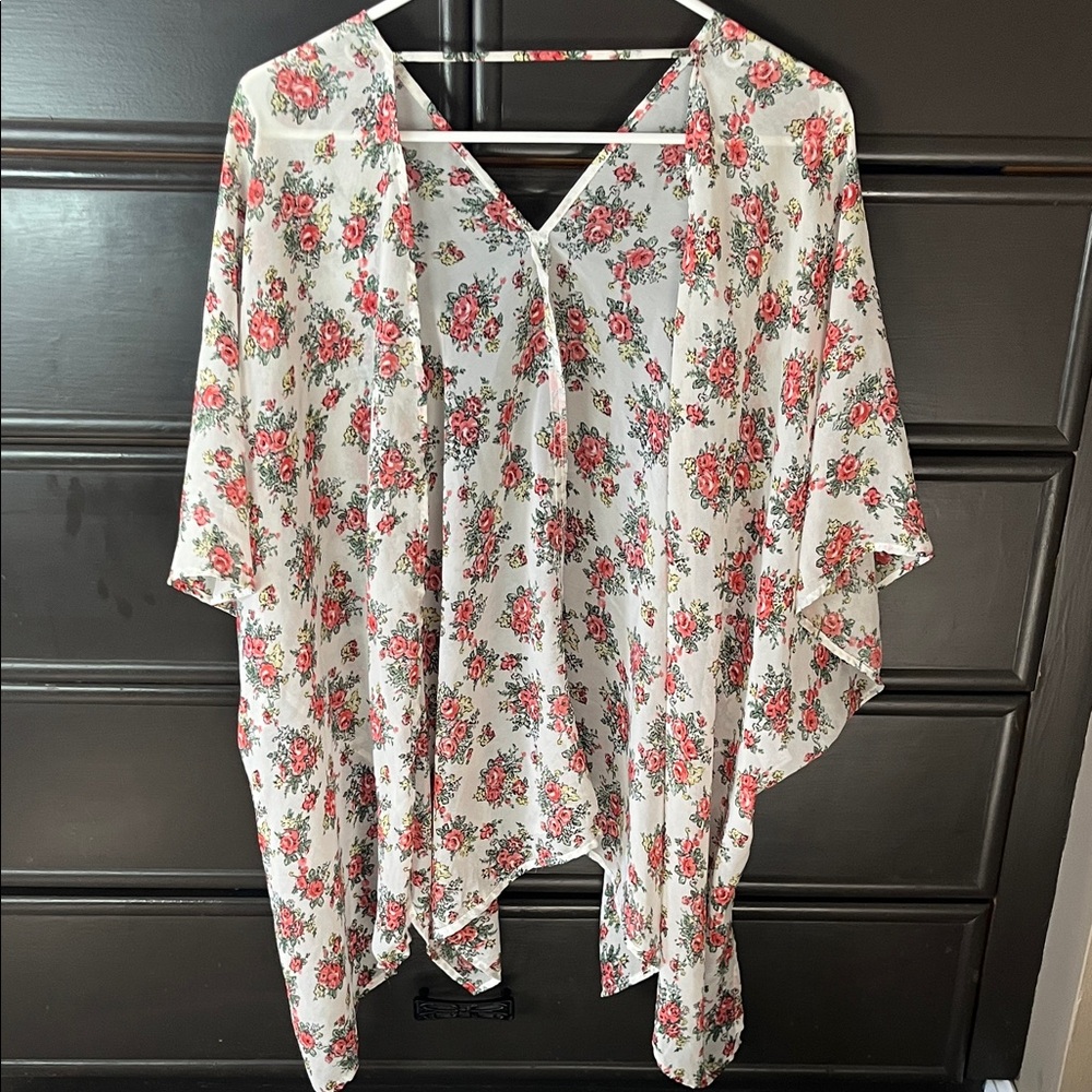 White Floral V-Neck Women's Kimono